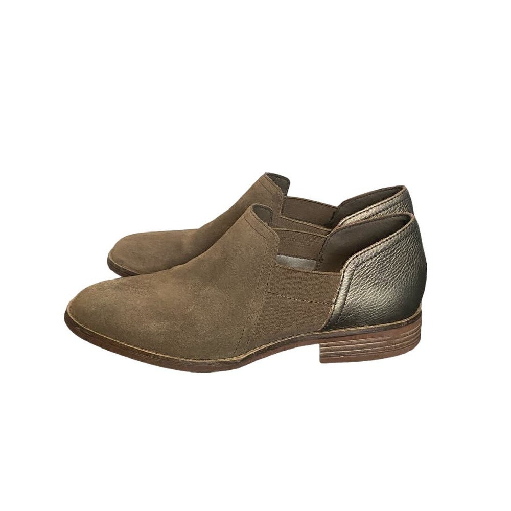 Clarks Olive Suede Slip-On Flats with Metallic Bronze Heel